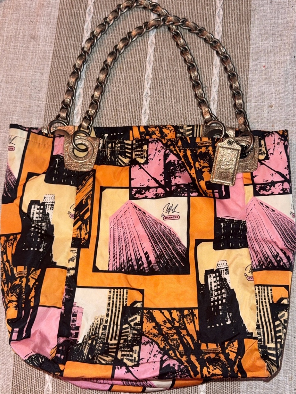 Coach Pink & Orange City-Print Chain-Handle Tote. Bonnie Cashin